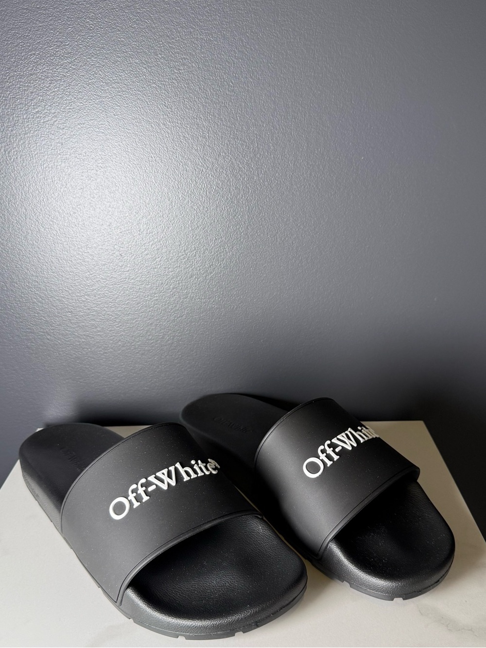 Off-White Black Logo Slide Sandals with White Script